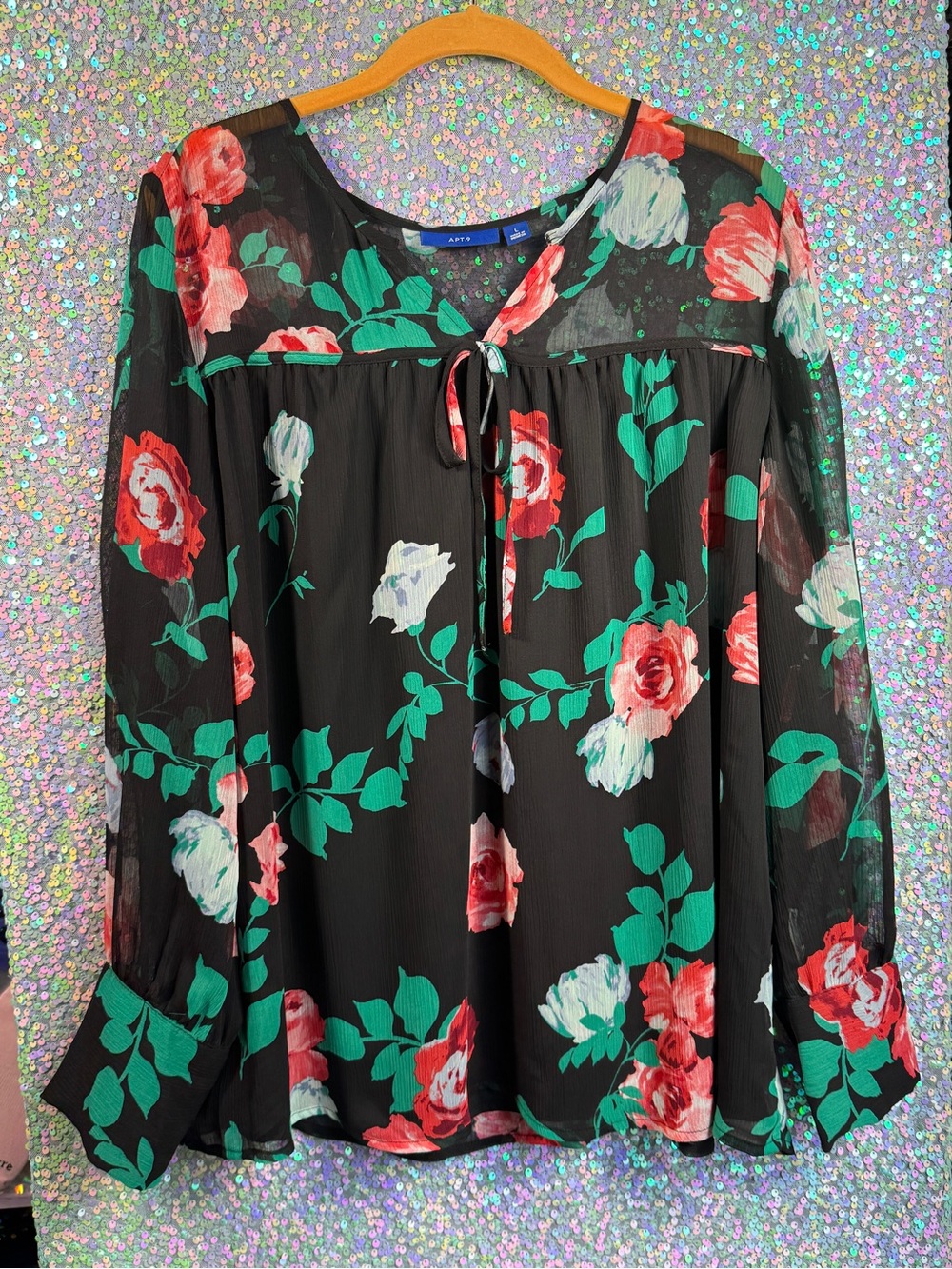 Apt. 9 Black Sheer Floral Tie-Neck Blouse with Red and White Roses
